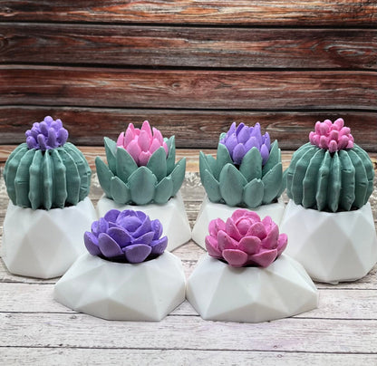 Six decorative succulent shaped soaps handmade by Rusted Acre Soap Co displayed on a rustic wood background. Colors are pink, purple, and green with white pots. 