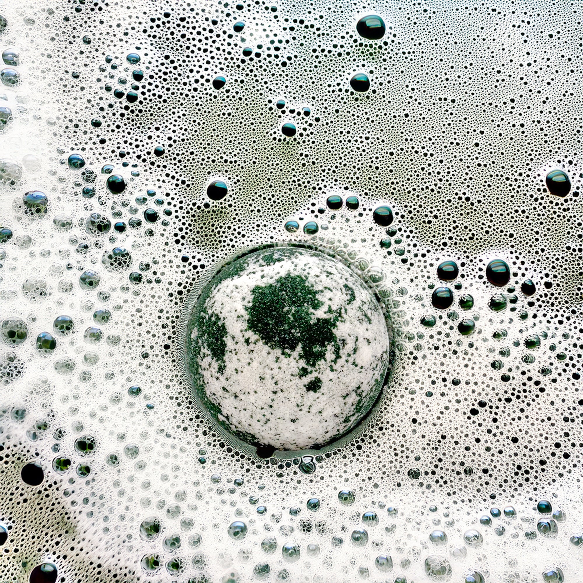 A Tuxedo bath bomb for men handmade by Rusted Acre Soap Company in water with fizz around it. Colors are black and white.