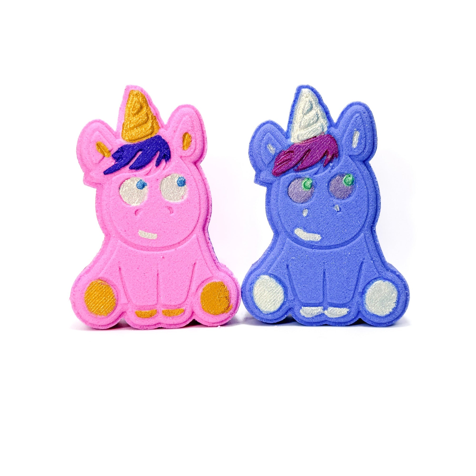One pink unicorn with purple hair, gold horn, and blue eyes and one purple unicorn with teal hair, silver horn and blue eyes.