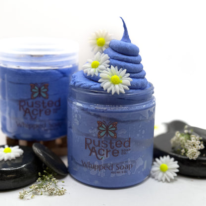 Two jars of blue tranquility whipped soap made by Rusted Acre Soap Co. 